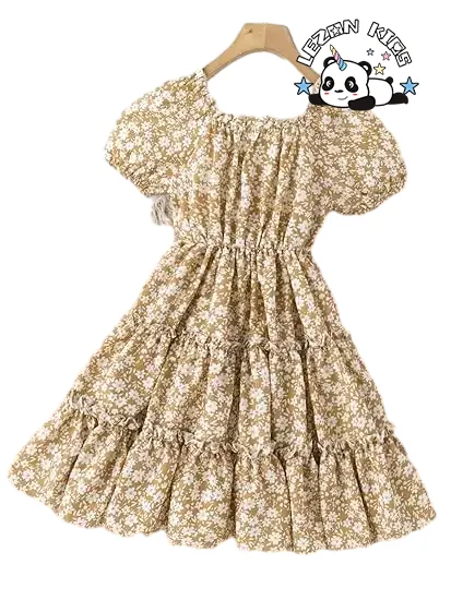 LEZONKIDS - Custom Logo Designed Floral Print Puff Sleeve Square Neck Mini a Line Dress 2-14years for Girls